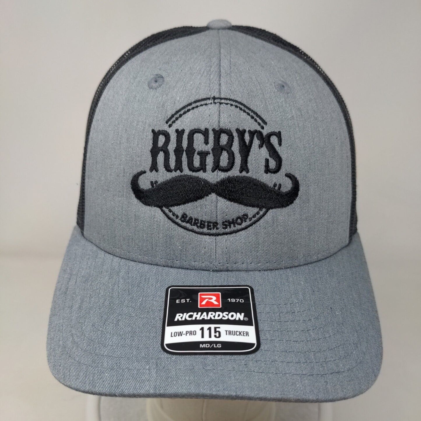 Rigby's Barber Shop Snapback Mesh Back Trucker Hat Gray M-L Embroidered
