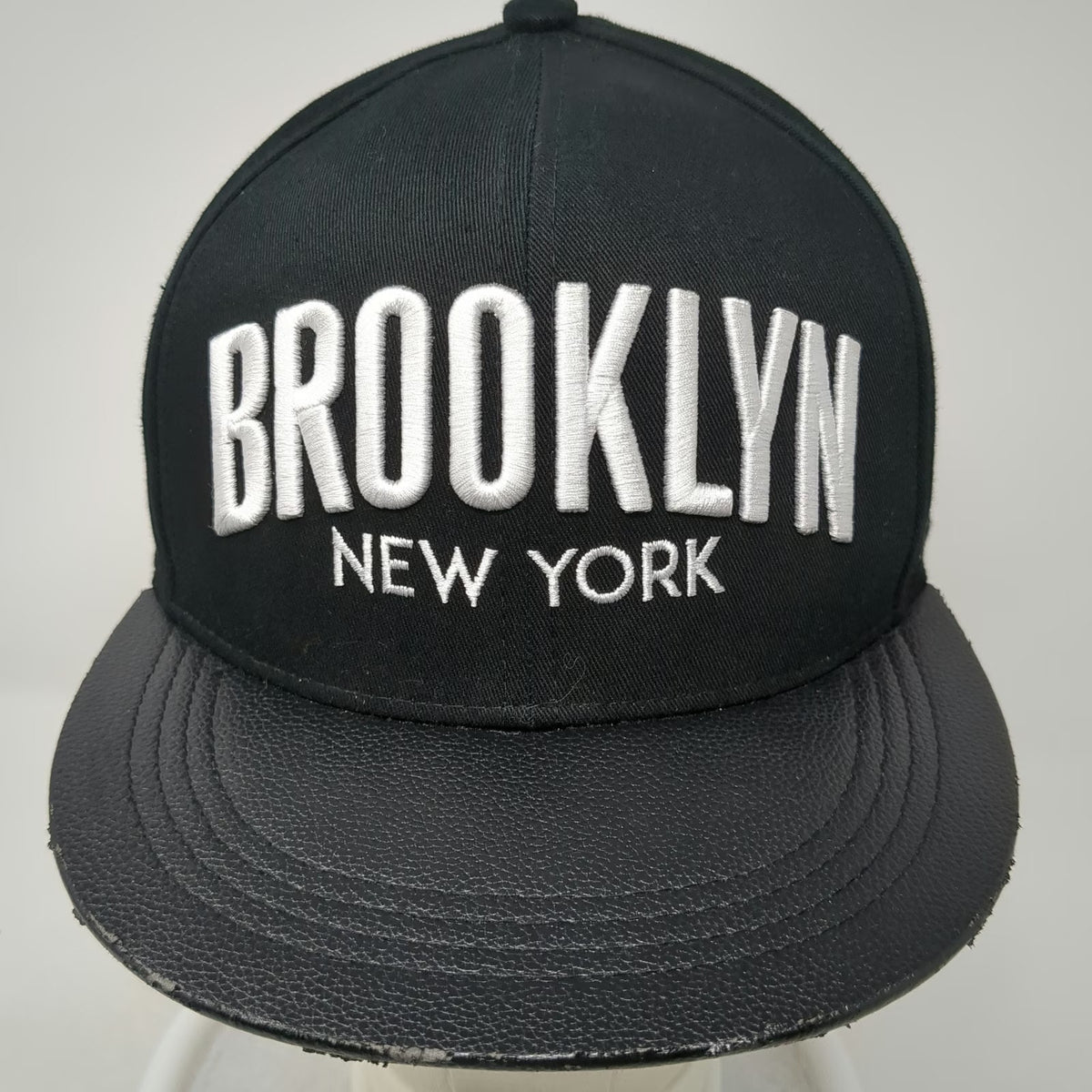 rue 21 Snapback Hat Black One Size Brooklyn New York Faux Leather Flat Brim