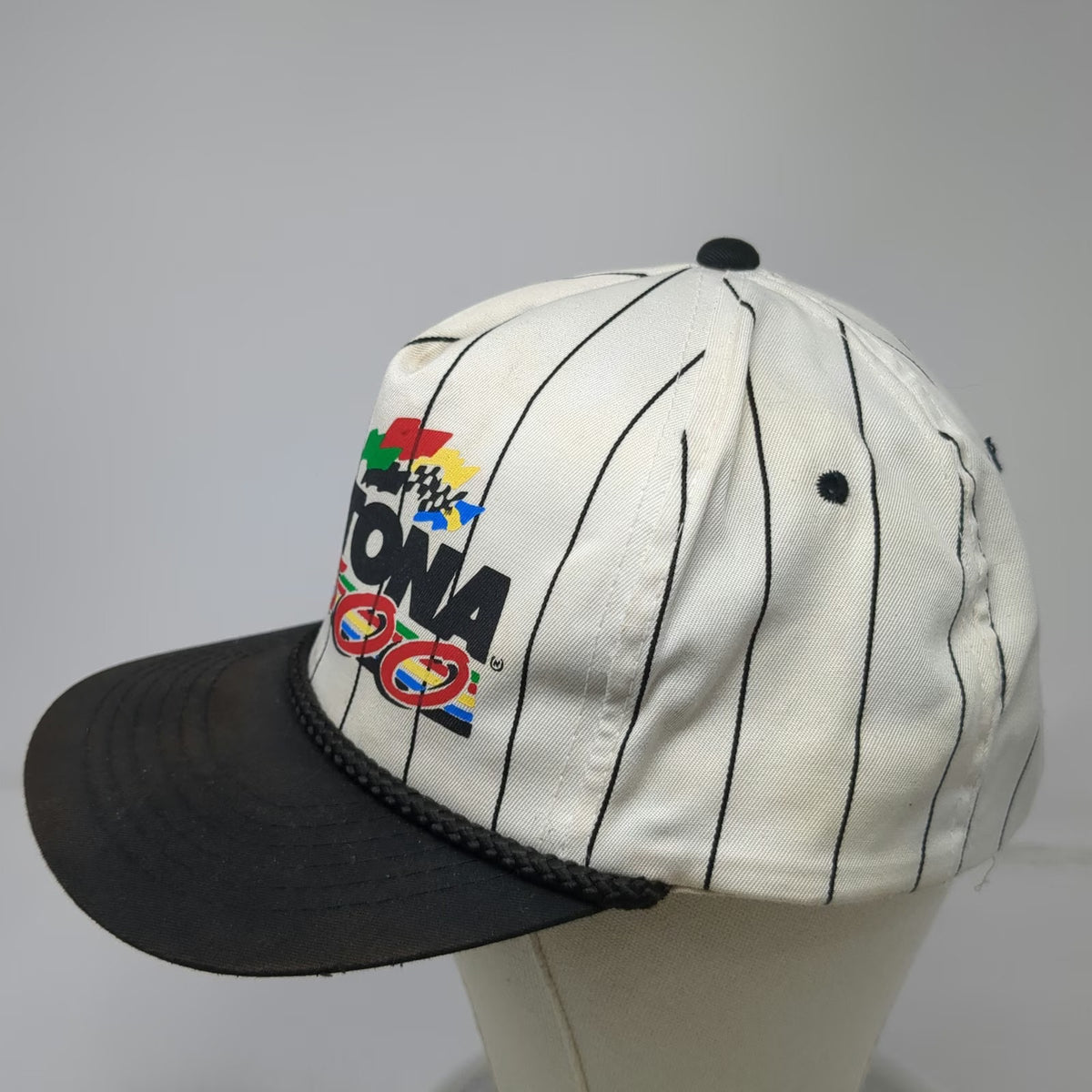 Young An 5 Panel White Hat 1995 Daytona 500 Pinstripe Rope Green Vintage