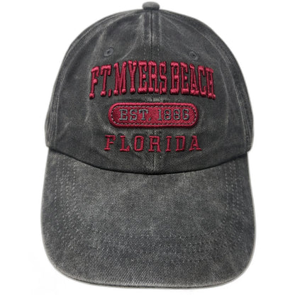 DK CAPS Gray Red Baseball Cap One Size Ft Myers Beach Florida Washed Slideback