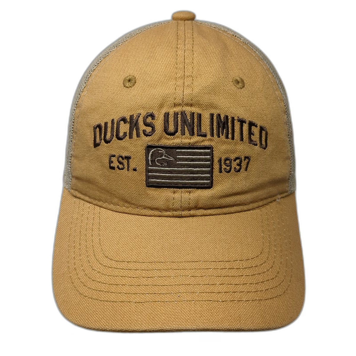Ducks Unlimited Trucker Hat Brown One Size Mesh Snapback Embroidered Flag