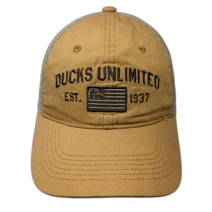 Ducks Unlimited Trucker Hat Brown One Size Mesh Snapback Embroidered Flag