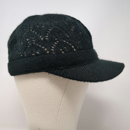 Black Army Cap One Size Knit Pointelle Chevron Pattern Ribbed Brim Soft Warm Hat