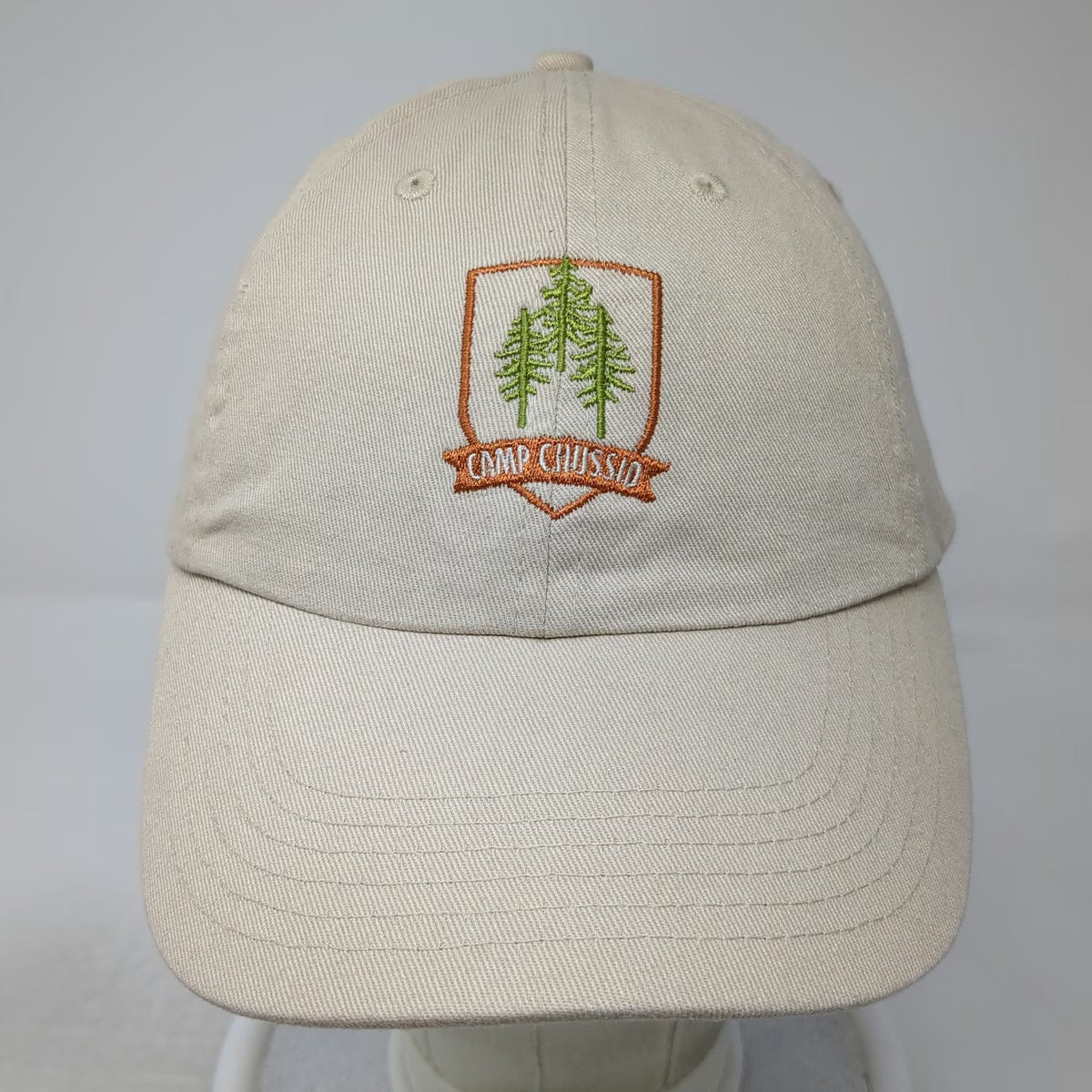 Camp Chussid Pine Trees Crest Beige One Size Baseball Cap Cotton Slideback Hat