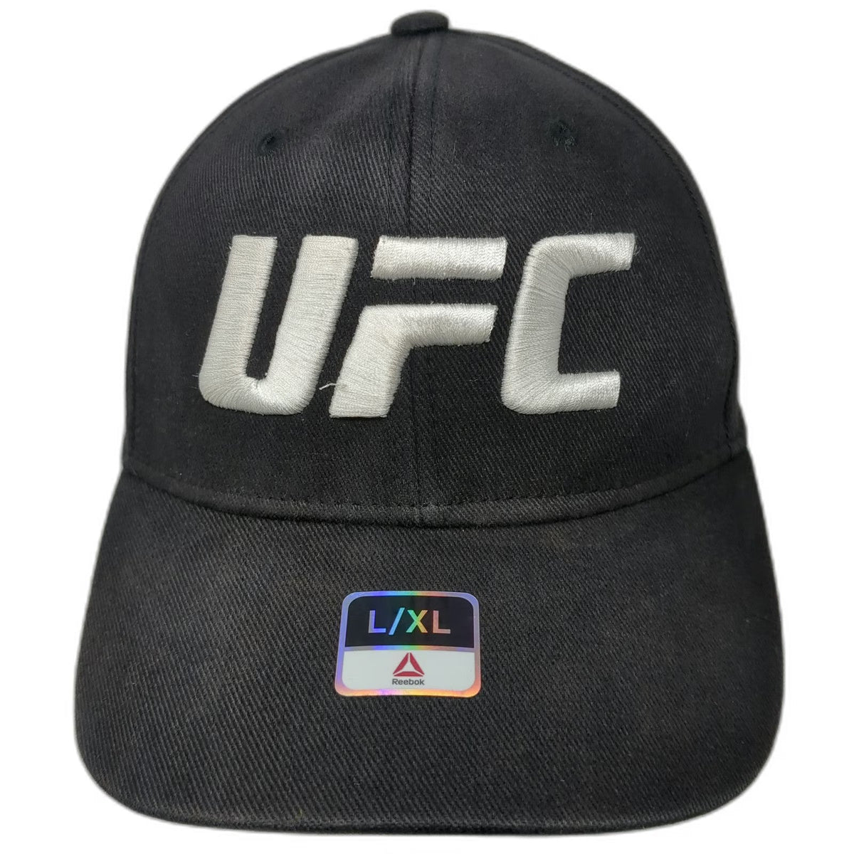Reebok Baseball Cap Black XL UFC Logo Embroidered Stretch Fit Curved Brim Hat