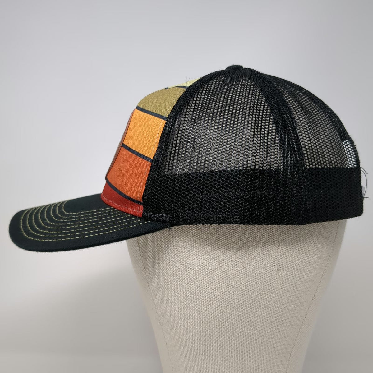 Little Bay Root Trucker Hat Black One Size Mountain Bend Patch Retro Stripes
