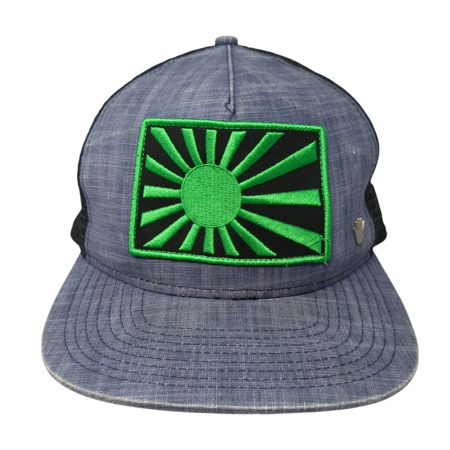 Rising Sun Patch Snapback Trucker Hat Blue One Size Mesh Back Adjustable