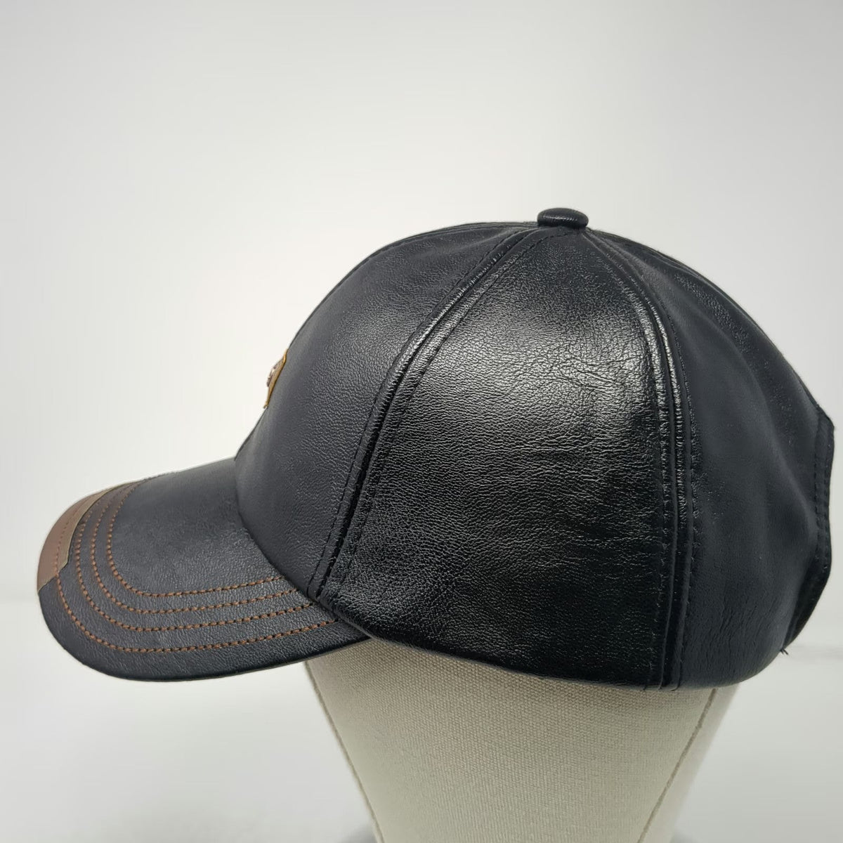 Zleevo Baseball Cap Black One Size PU Leather Brown Stitching Slideback Hat