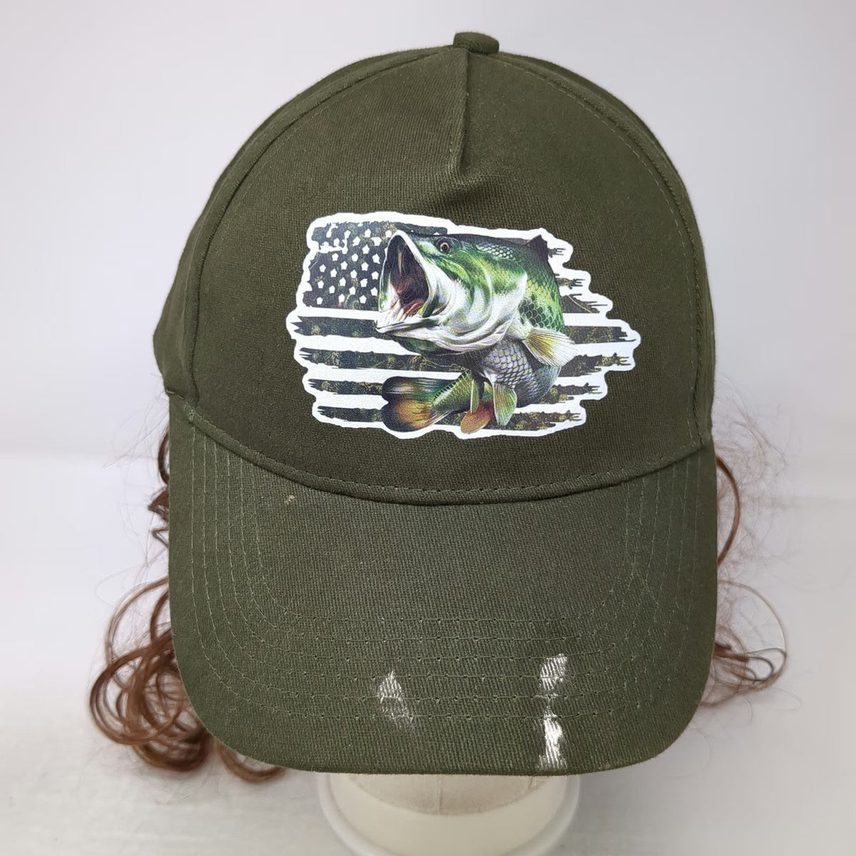 5 Panel Green One Size Hat Bass Fish American Flag Mullet Wig Strapback Fishing