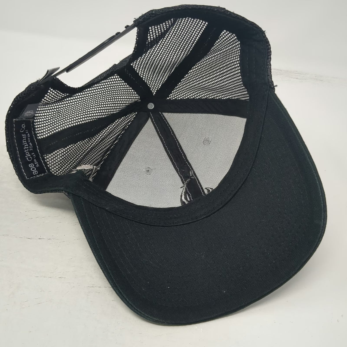 808 Clothing Co. Trucker Hat Black One Size Fish Hook Makau Hawaii Islands Mesh