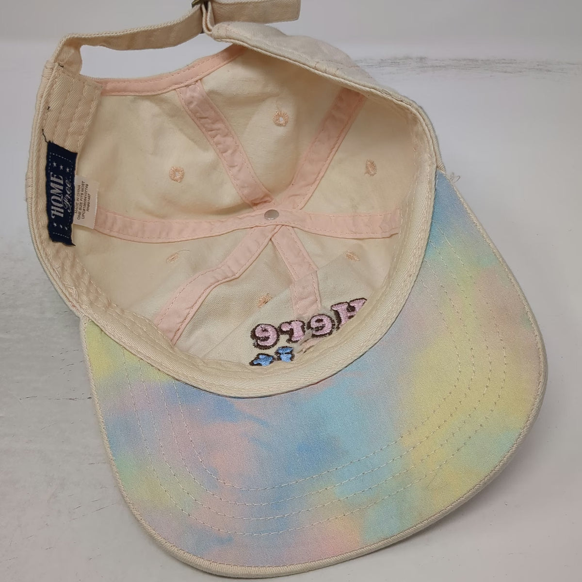 Home Free Baseball Cap Beige One Size Here For It Embroidery Tie Dye Brim Hat