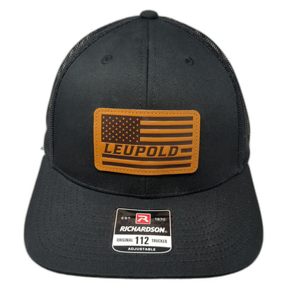 Richardson Trucker Hat Black One Size Leupold US Flag Leather Patch Mesh Back