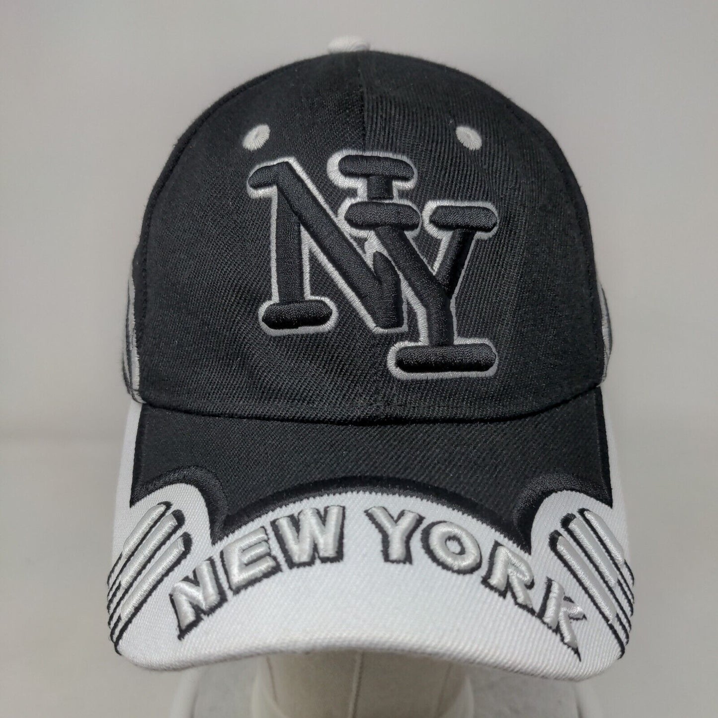 NY New York Strapback Hat Black OSFA Adjustable Embroidered Logo Vented Holes
