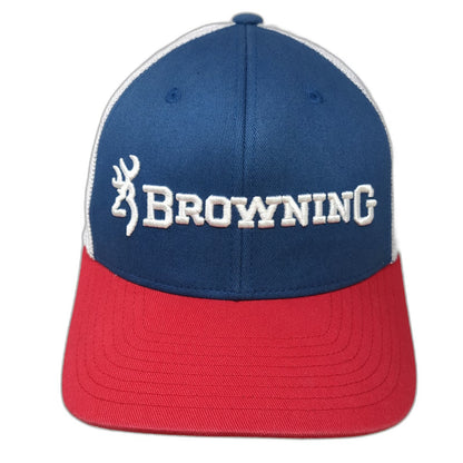 Browning Baseball Cap Blue Red White M Mesh Buckmark Flexfit 3D Embroidery Hat