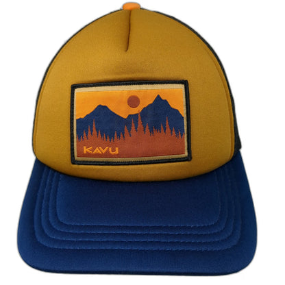 KAVU Trucker Hat Yellow Blue Black One Size Mountain Patch Snapback Foam Front
