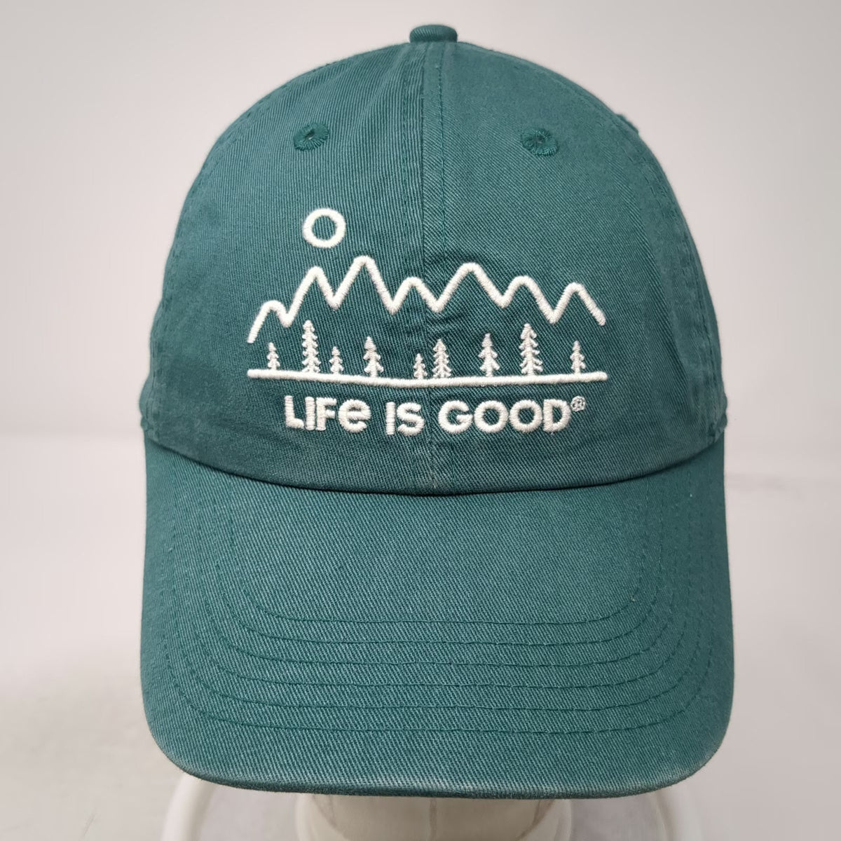 Life is Good Baseball Cap Green One Size Mountains Trees Graphic Strapback Hat