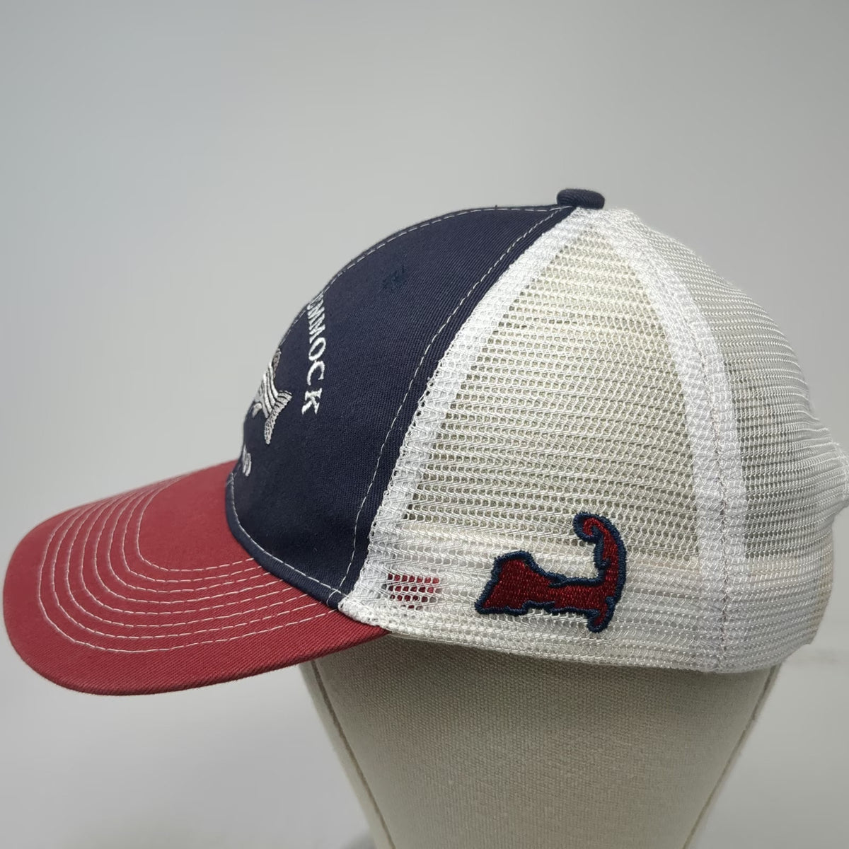 Goose Hummock Trucker Hat Blue Red One Size Striped Bass Cape Cod Snapback