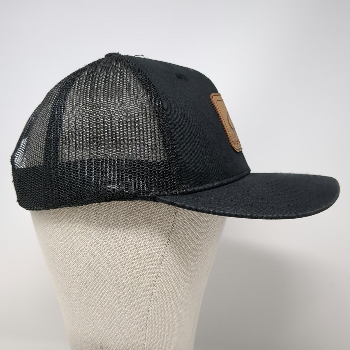 Dover Bluff Hat Co Trucker Hat Black One Size Mesh Back Leather Patch Hook Logo