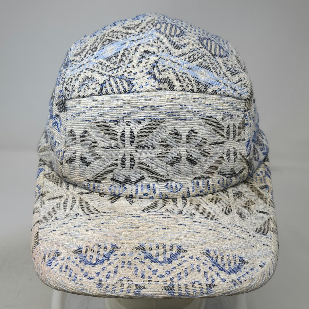 5 Panel Hat Beige Blue Gray Woven Geometric One Size Strapback Tribal Print