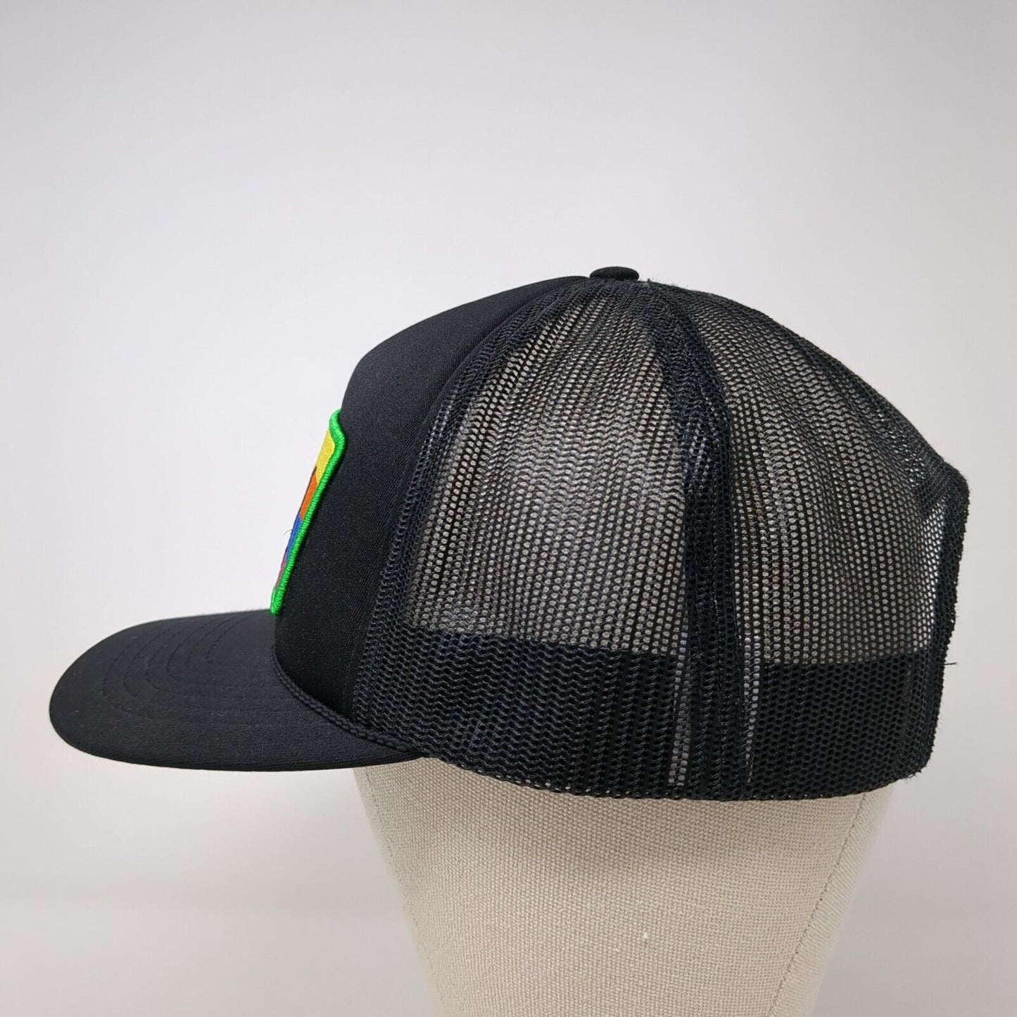 Joy Striped Patch Snapback Trucker Hat Black One Size Solid Mesh Back