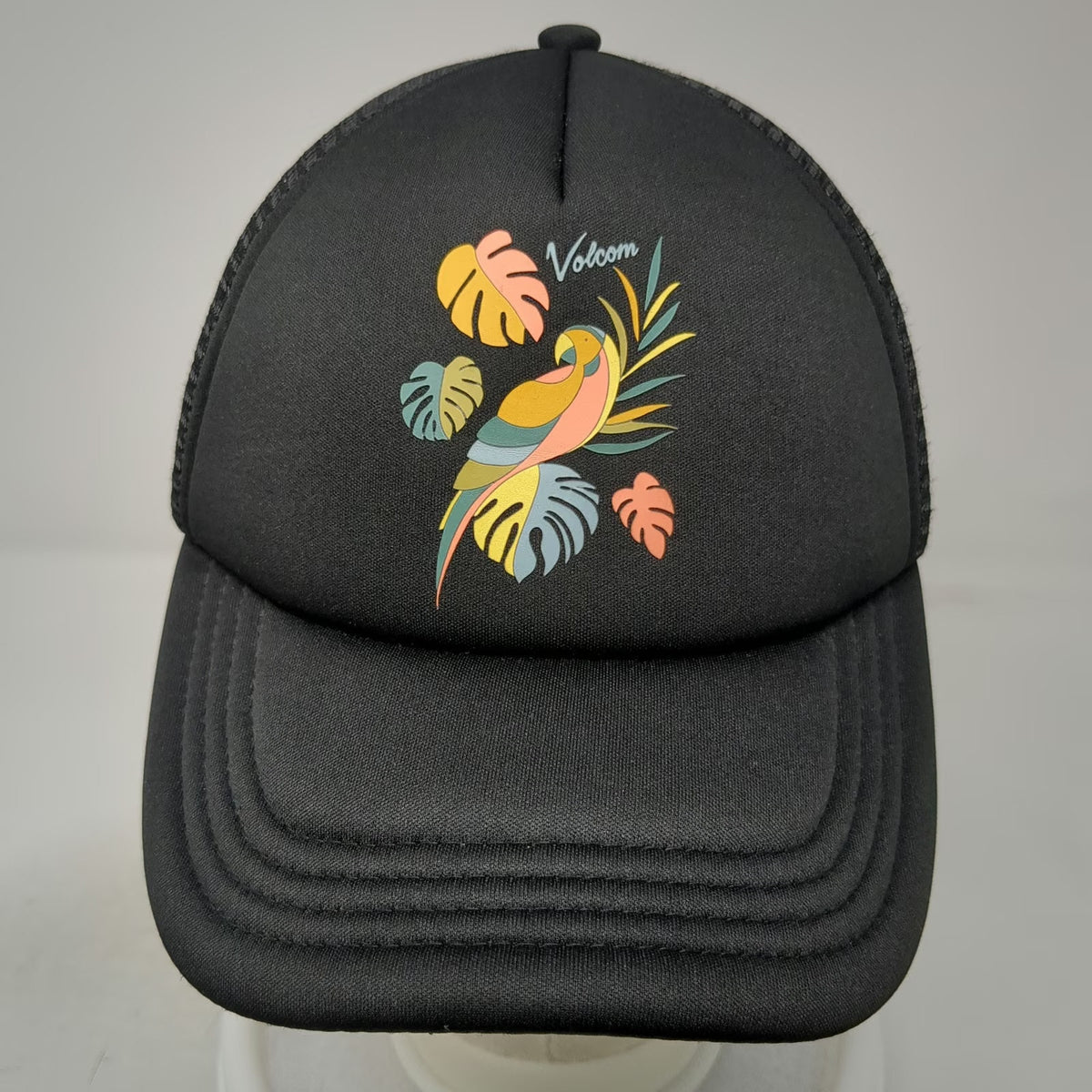 Volcom Trucker Hat Black OSFM Snapback Tropical Parrot Palm Leaf Mesh Back Foam