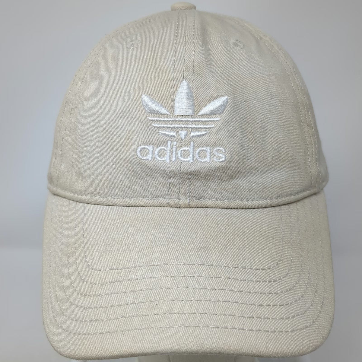 Adidas Baseball Cap Beige White One Size Trefoil Logo Slideback Pinstripe Hat