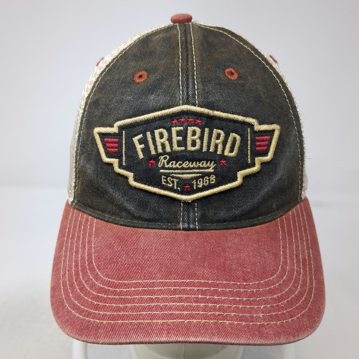 Legacy Trucker Hat Firebird Raceway Black Red Beige One Size Snapback Mesh