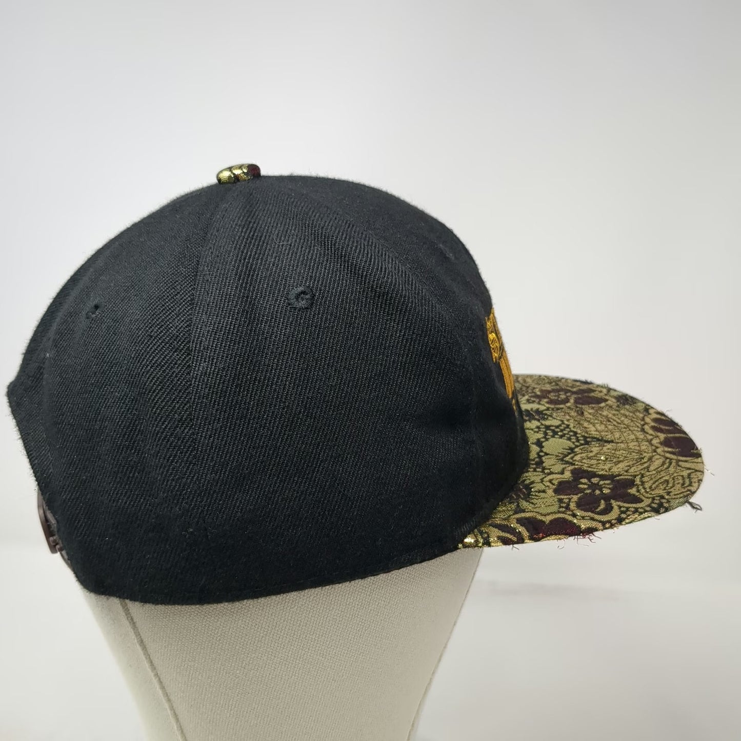 Snapback Black Gold Red OS Floral Brocade Flat Brim Strickly Bizness Logo Hat