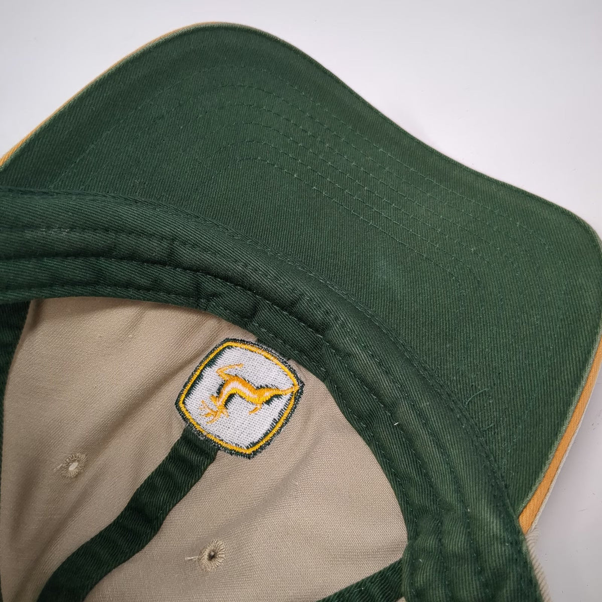 K-Products John Deere Baseball Cap Beige OSFM Hat Slideback Cotton Green Logo