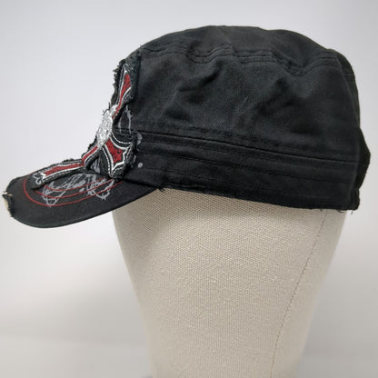 Army Cap Black One Size Cross Crown Rhinestone Distressed Biker Gothic Rock Hat