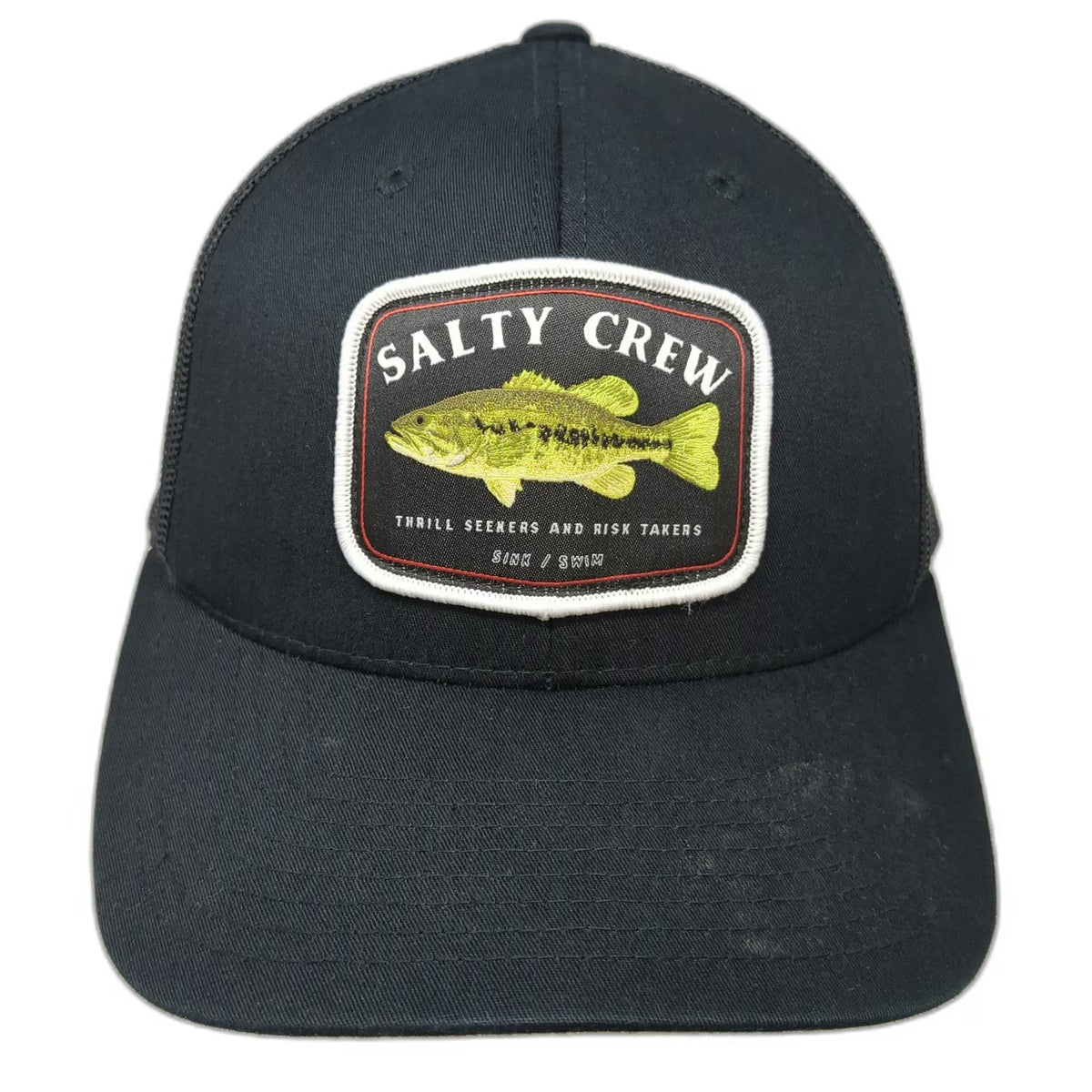 Salty Crew Trucker Hat Black One Size Bass Fish Fishing Patch Mesh Snapback Hat