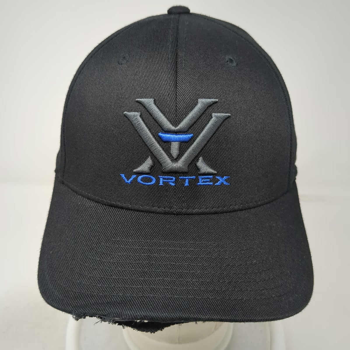 Vortex Baseball Cap Black XL Flexfit Structured Embroidered Logo Distressed Hat