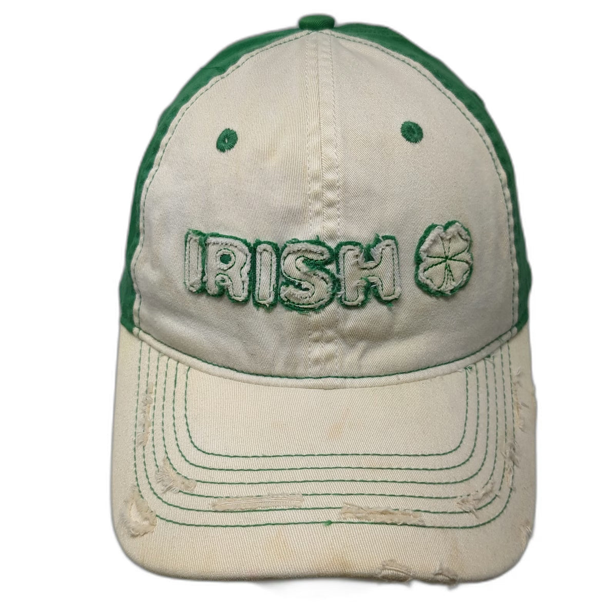 Falcon Baseball Cap White Green One Size Distressed Irish Shamrock Frayed Hat