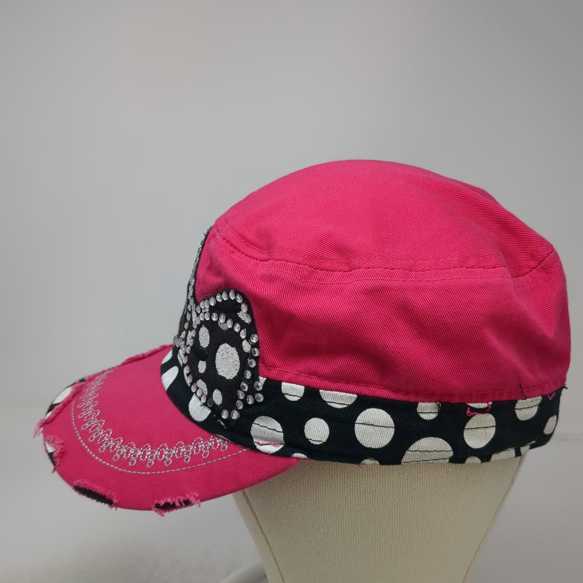 Kbethos Army Cap Pink OSFM Rhinestone Bow Polka Dot Distressed Cadet Hat Bling