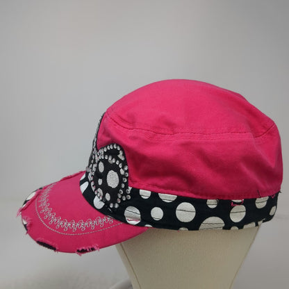 Kbethos Army Cap Pink OSFM Rhinestone Bow Polka Dot Distressed Cadet Hat Bling