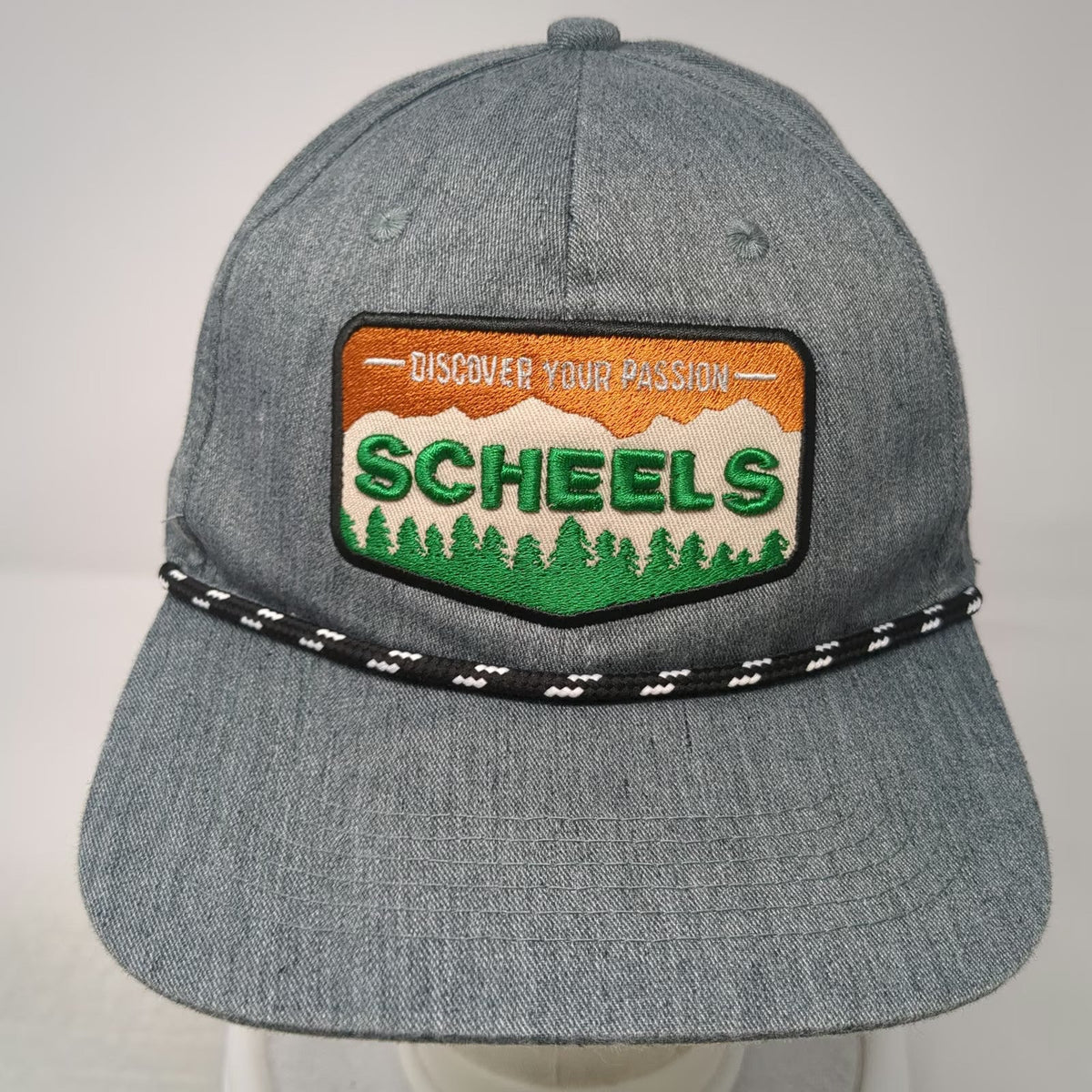 Scheels Snapback Gray One Size Hat Rope Detail Green Undervisor Mountain Patch