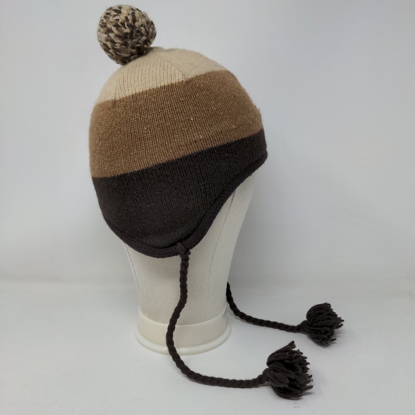 Unbranded Beanie Hat Brown One Size Ear Flap Blank Braided Pom Pom Winter