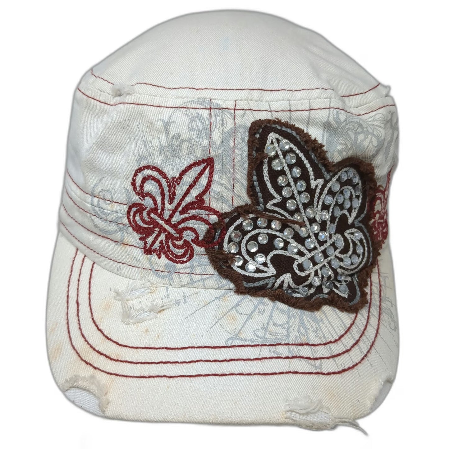 Leader Army Cap White One Size Sequined Fleur-de-Lis Distressed Cotton Hat