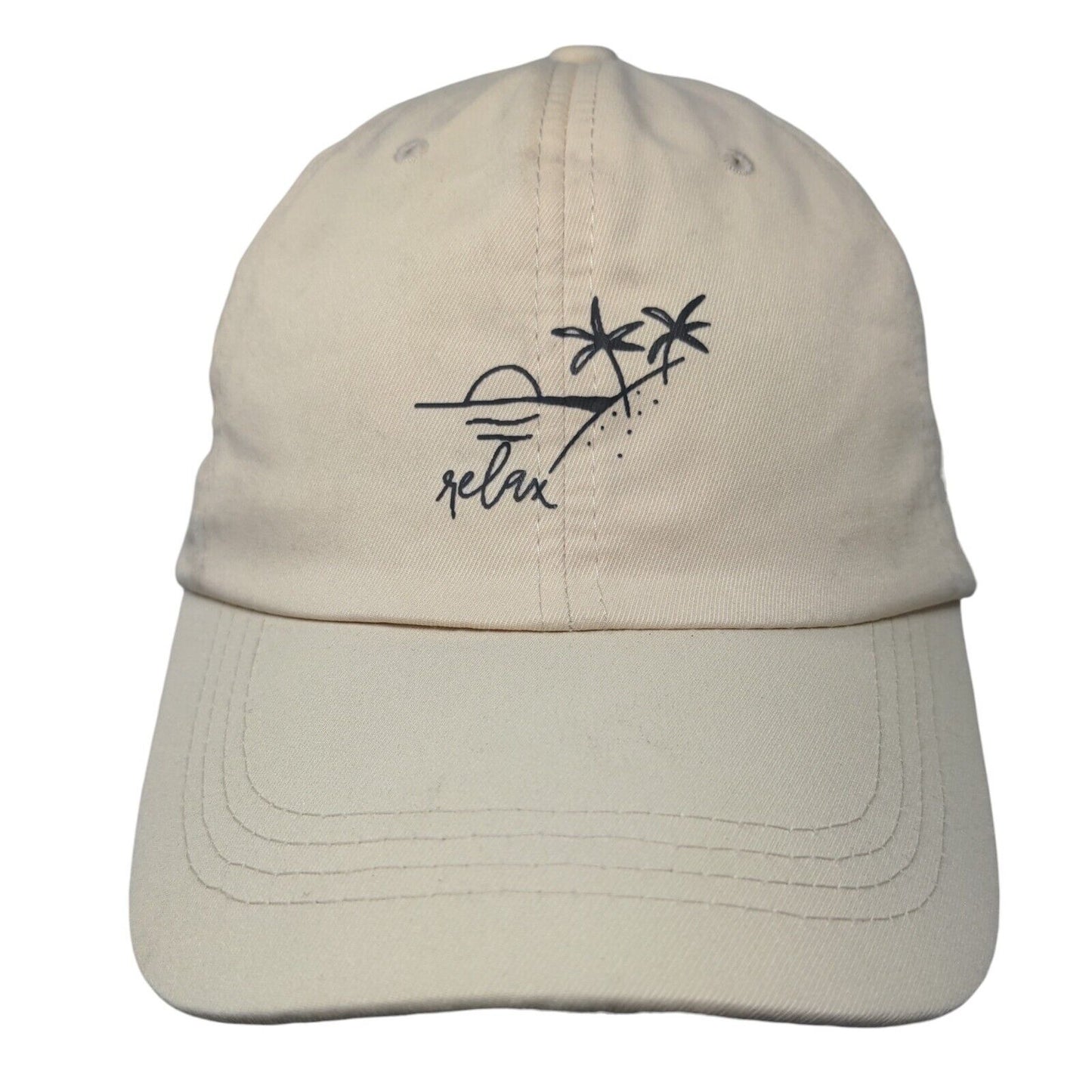 Relax Slideback Hat Tan One Size Adjustable Graphic Print Vented Holes 6 Panel