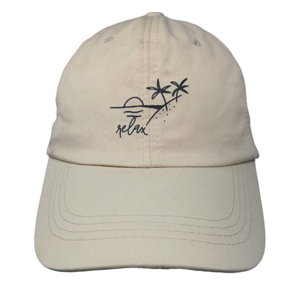Relax Slideback Hat Tan One Size Adjustable Graphic Print Vented Holes 6 Panel
