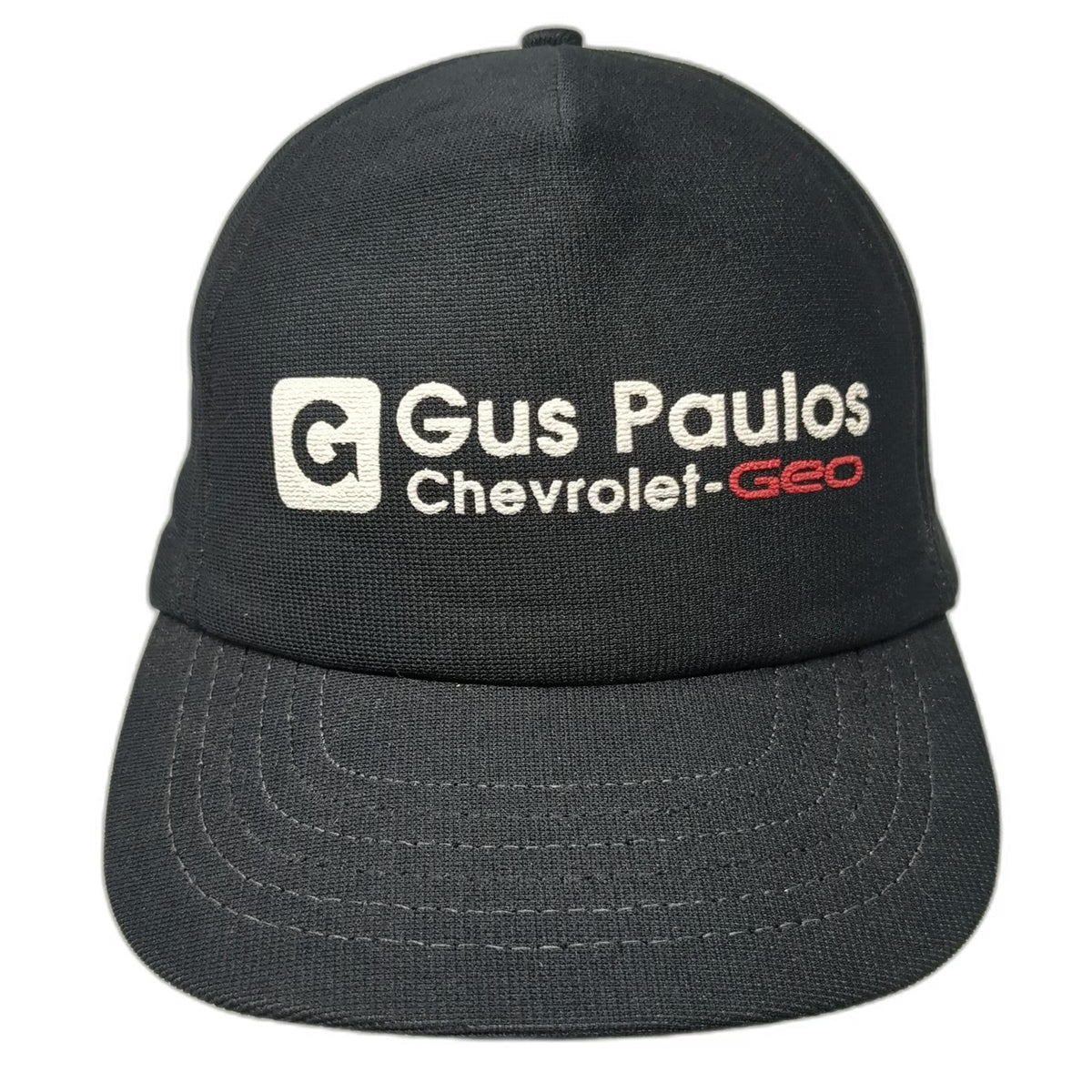 Gus Paulos Chevrolet Geo Black OS Trucker Snapback Hat Made USA Car Vintage