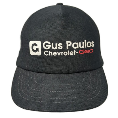 Gus Paulos Chevrolet Geo Black OS Trucker Snapback Hat Made USA Car Vintage
