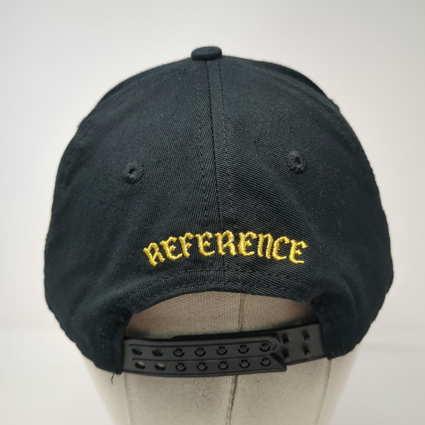 Reference 5 Panel Black Hat One Size Graphic Brim Snapback Script Embroidery