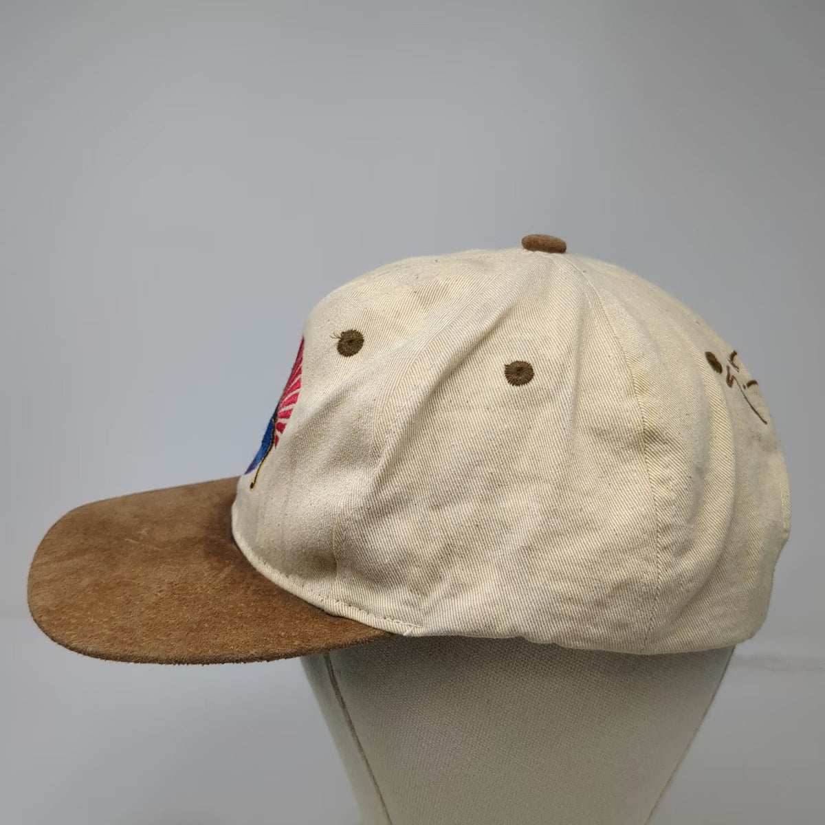 KC Baseball Cap Beige Brown Suede Brim Slideback Hat Embroidered Cat Pyramid
