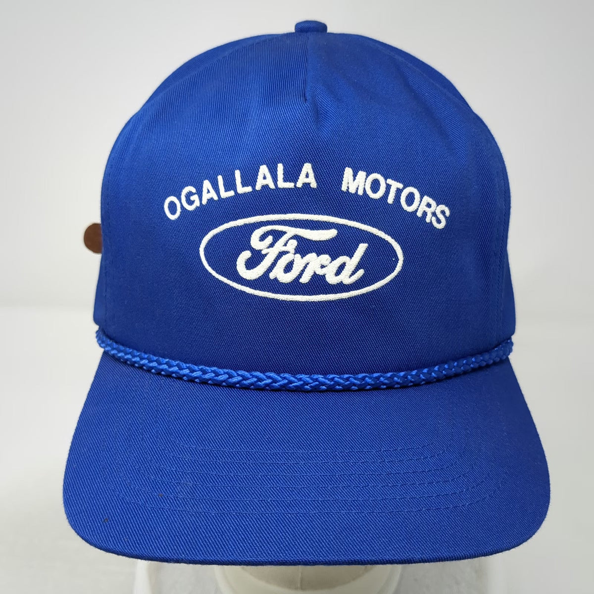 San Sun 5 Panel Hat Blue OS Ford Ogallala Motors Rope Leather Strapback Vintage