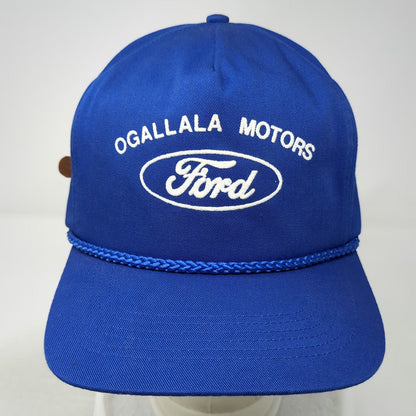 San Sun 5 Panel Hat Blue OS Ford Ogallala Motors Rope Leather Strapback Vintage