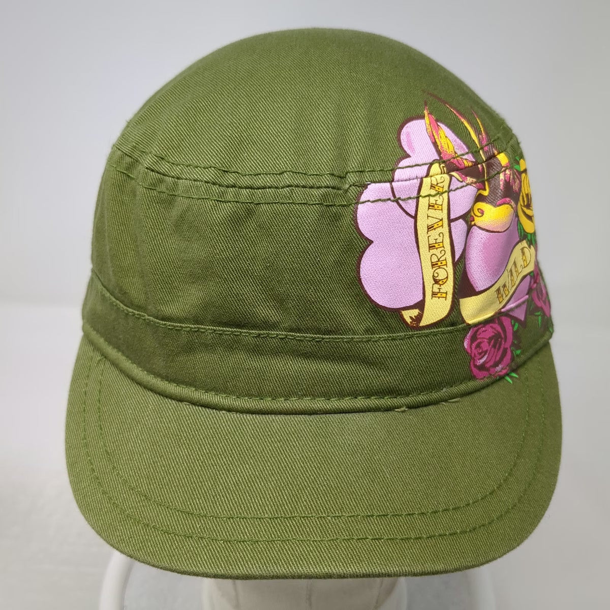 Army Cap Green One Size Forever Wild Tattoo Graphic Heart Rose Bird Cotton Hat