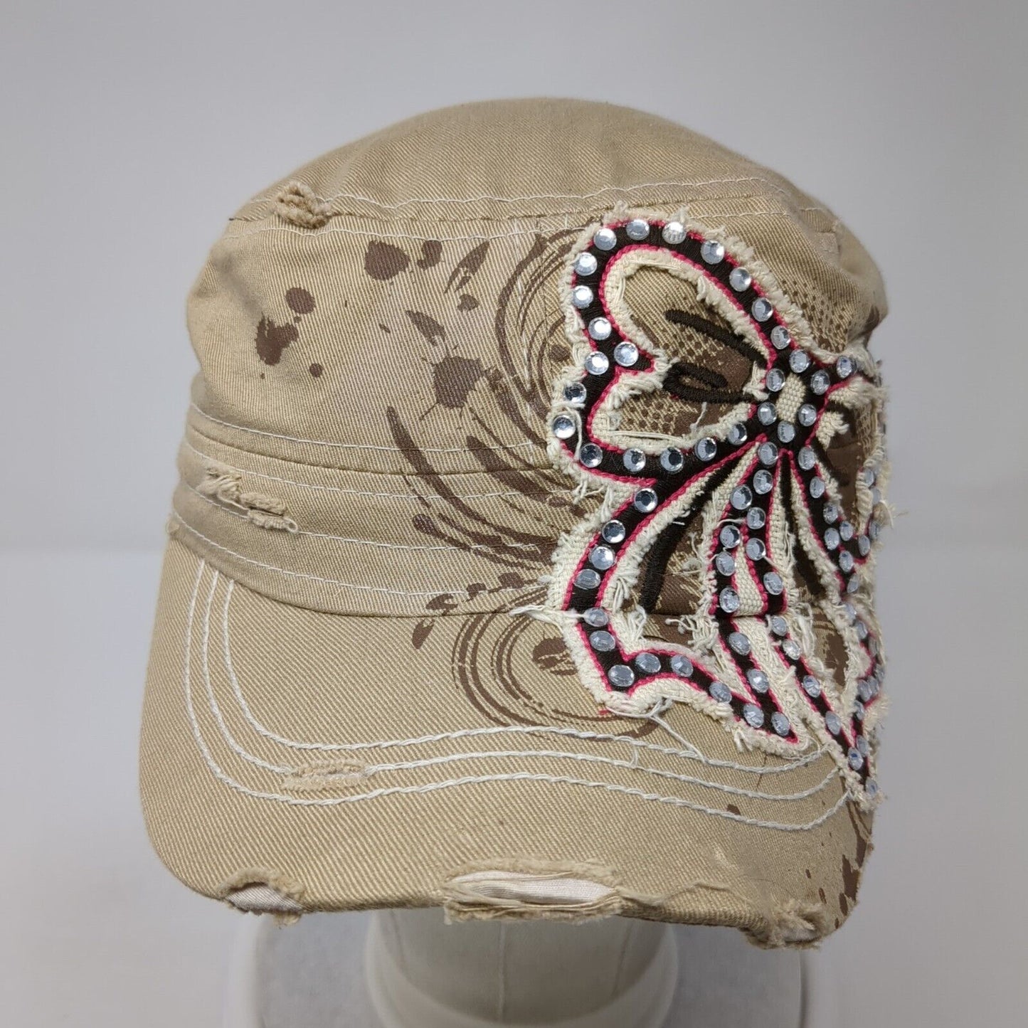 Leader Stretch Fitted Cadet Army Cap Hat Tan One Size Bow Rhinestone