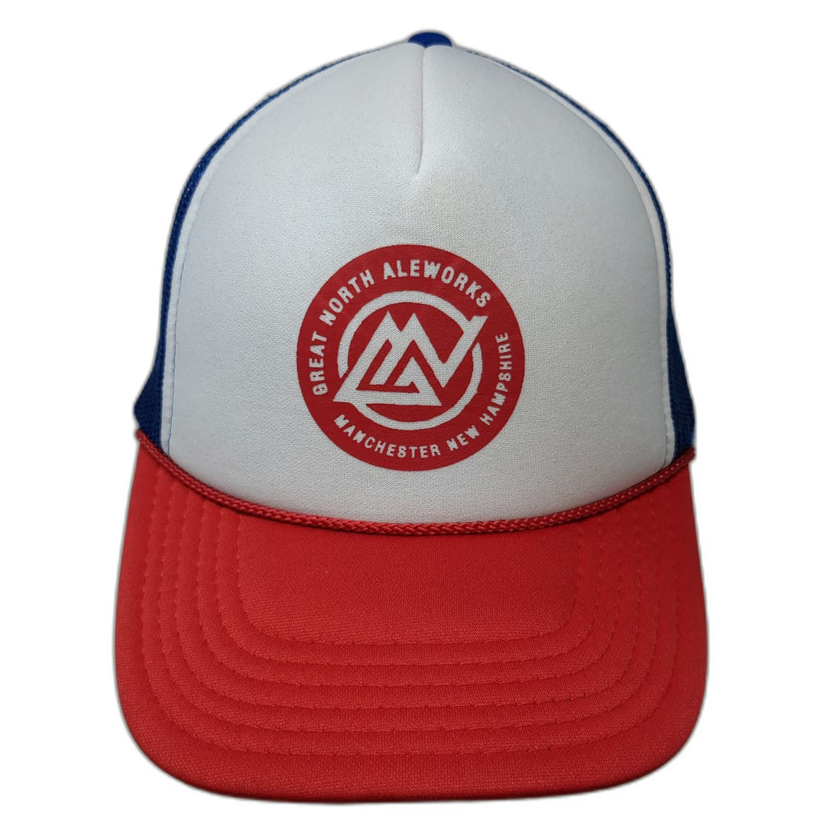 Otto Trucker Hat White Red Blue One Size Great North Aleworks Manchester NH Mesh