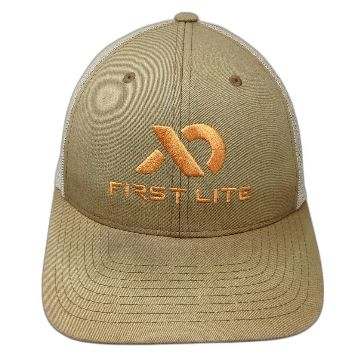 First Lite Trucker Hat Beige One Size Snapback Mesh Embroidered Hunting Logo